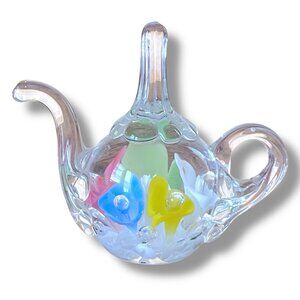 St Clair Joe Rice Art Glass Teapot Paperweight Ring Holder Pastel Flowers